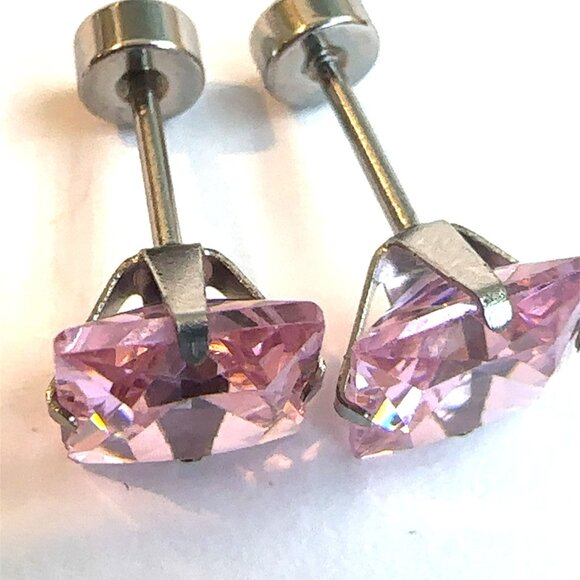🆕 Stainless Steel 6MM Princess Cut CZ Pink Screw Back Earrings - Picture 5 of 5